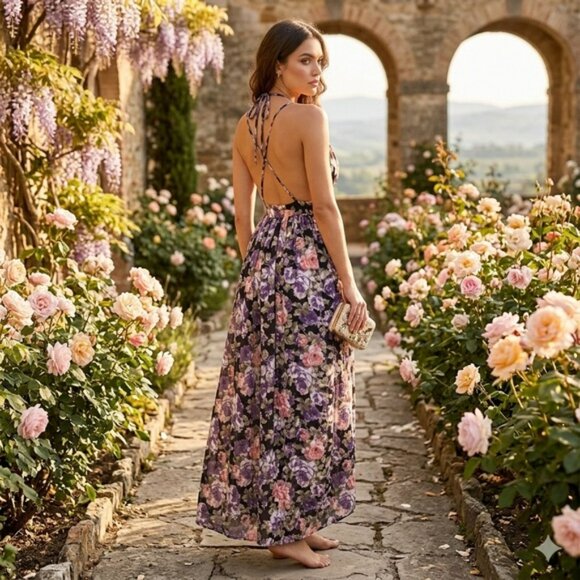 Windsor Floral Maxi Dress Black Purple Pink Small Boho Sundress Summer - Picture 2 of 14